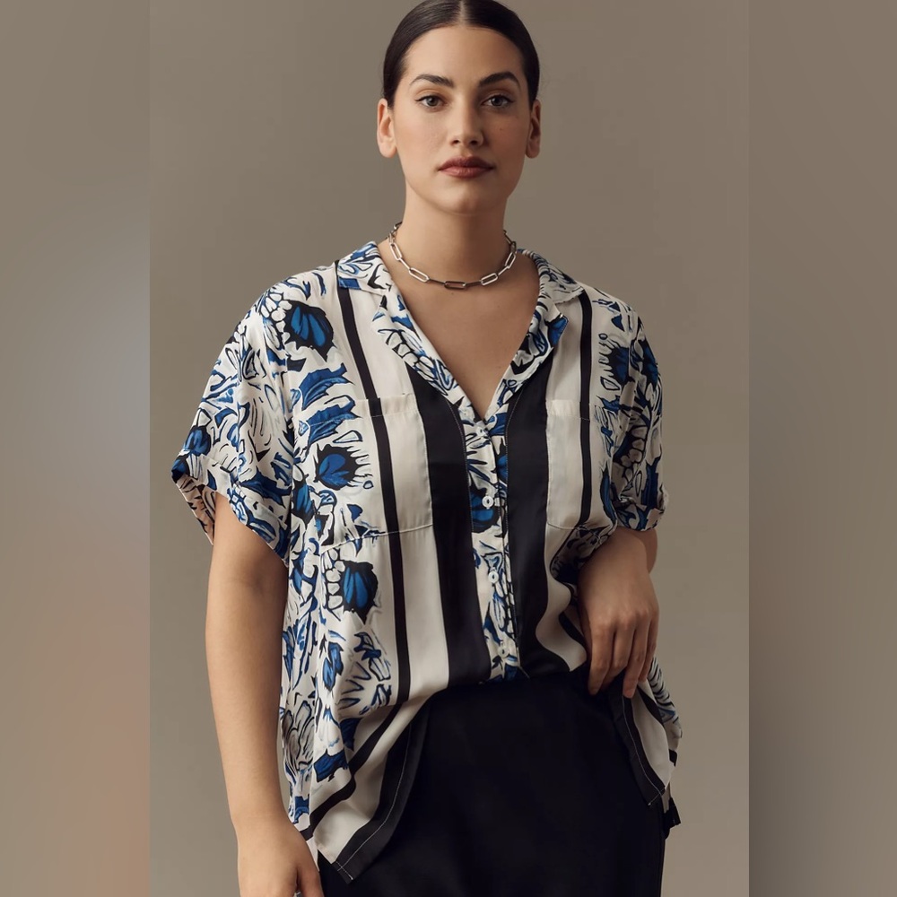Anthropologie Blue and Black Floral Blouse